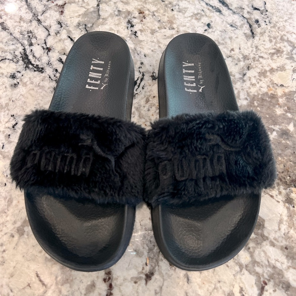Puma Fenty by Rihanna black fur slides